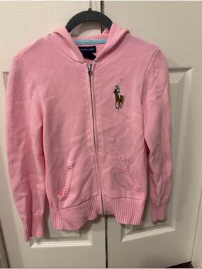 Ralph Lauren Pink Hooded Zip Knit Sweater - Polo Logo